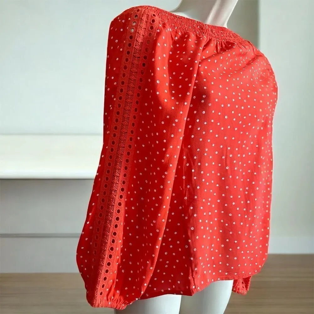 Maurices Red White Polka Dot Smocked Off The Shoulder Flowy Long Sleeve Blouse